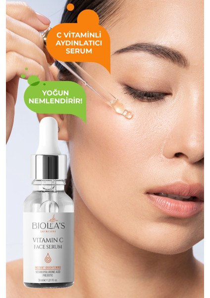 Aydınlatıcı,renk Tonu Eşitleyici Yüz Bakım Serumu C Vitamini+Prebiyotik+Vegan Hyalüronik Asit 30 ml