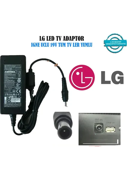 Ata Elektronik Lg Uyumlu LED Tv Monitör 19V 19.5V Uyumlu Adaptör 22'' 23'' 24'' 27'' 32"40"42"  Iğneli Uç - 6.4mm 4.4mm