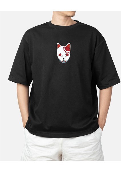Wedday Siyah Kamado Tanjiro Maskesi Oversize Pamuklu T-Shirt Wed