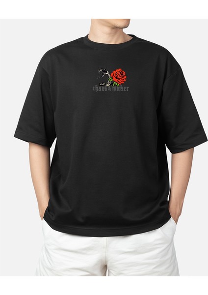 Wedday Siyah Sırt Baskılı Bisiklet Yaka Oversize Pamuklu T-Shir
