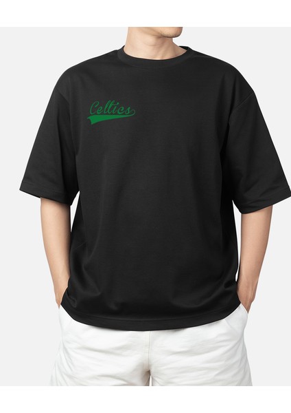 Wedday Siyah Boston Celtics Bisiklet Yaka Oversize Pamuklu T-Shi