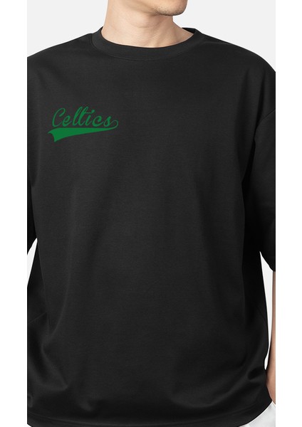 Wedday Siyah Boston Celtics Bisiklet Yaka Oversize Pamuklu T-Shi
