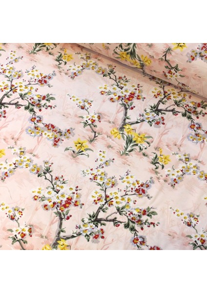 Pembe Zemin Japon Çiçeği Duck Keten Kumaş