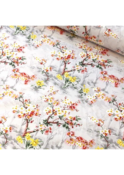 Gri Zemin Japon Çiçeği Duck Keten Kumaş