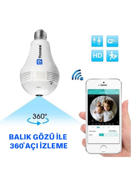 360° Balık Gözü Gece Görüşlü Wifi Ip 2mp Full Hd Kablosuz  Ampul Kamera