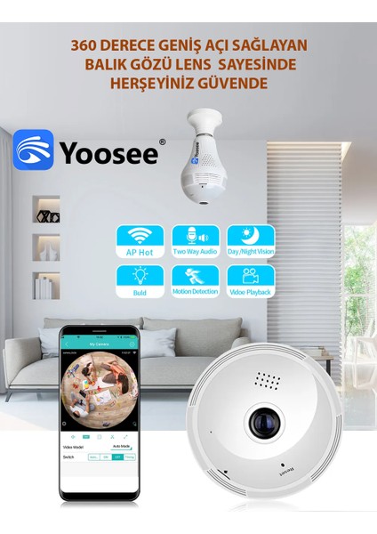 360° Balık Gözü Gece Görüşlü Wifi Ip 2mp Full Hd Kablosuz  Ampul Kamera