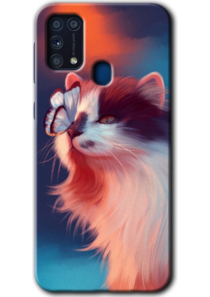 Samsung Galaxy M31 Kılıf Baskılı Kapak - Cat Butterfly +Tam Ekran Koruyucu