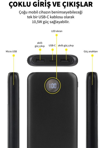 Alüminyum Kasa 10000 mAh 1x Micro 2x USB-A 1x USB-C Giriş Çıkış PB-10KL Hızlı Şarj Powerbank