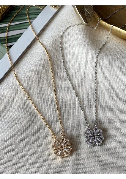 Mıknatıslı Zirkon Taşlı Yonca Kalp Çelik Kolye