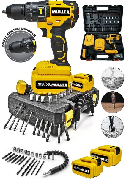 Alman 58 V 10 Ah Darbeli Çift Akülü Ağır Hizmet 13 mm Metal Mandren Akülü Matkap Vidalama Seti
