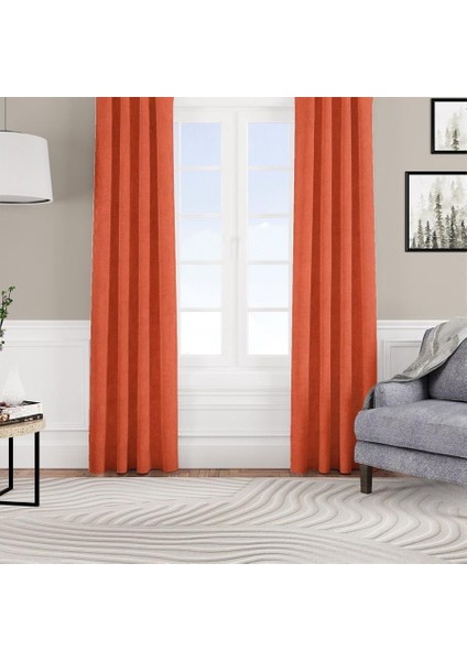 Kadife Dokulu Fon Perde Pilesiz Tek Kanat Kiremit