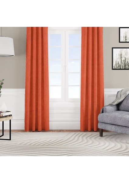 Kadife Dokulu Fon Perde Pilesiz Tek Kanat Kiremit