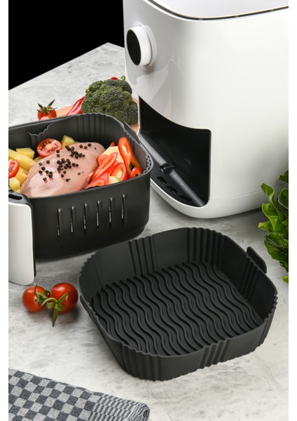 Silikon Pişirme Kalıbı Hava Fritözü Kalıbı Airfryer Aksesuar Tüm Fritözlere Uyumlu Siyah
