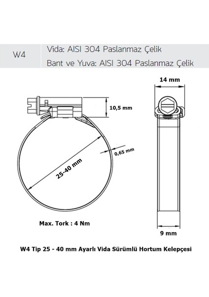 Mikalor 100 Adet W4 Hortum Kelepçesi 25-40 mm 304 Paslanmaz