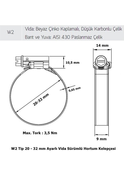 Mikalor 3 Adet W2 Hortum Kelepçesi 20-32 mm 430 Klt.paslanmaz