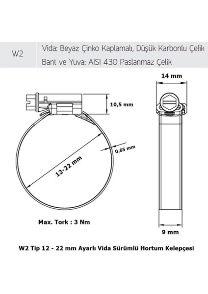 Mikalor 3 Adet W2 Hortum Kelepçesi 12-22 mm 430 Klt. Paslanmaz