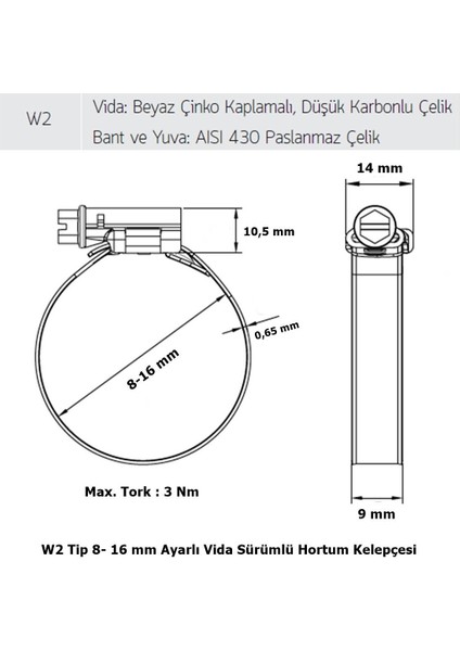 Mikalor 3 Adet W2 Hortum Kelepçesi 8-16 mm 430 Klt. Paslanmaz