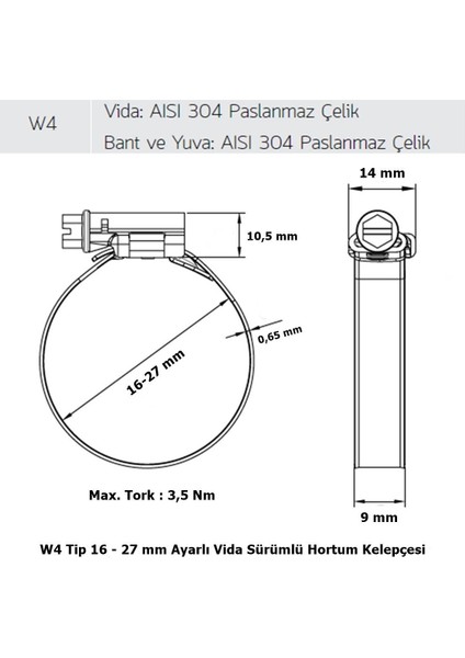 Mikalor 3 Adet W4 Hortum Kelepçesi 16-27 mm 304 Klt.paslanmaz