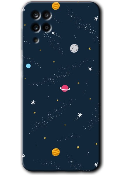 Samsung Galaxy A12 Kılıf Baskılı Kapak - Çizim Gezegen +Tam Kaplayan Mat Seramik