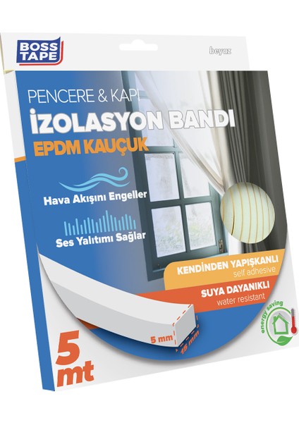 Boss Tape Epdm Kauçuk Pencere Kapı Izolasyon Bandı Beyaz 5MMX15MMX5MT