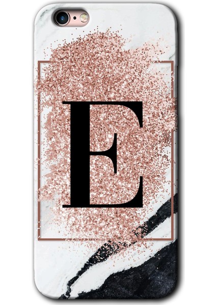 iPhone 6s Kılıf Baskılı Kapak - Pembe Mermer Desenli E Harfi +Tam Kaplayan Mat Seramik