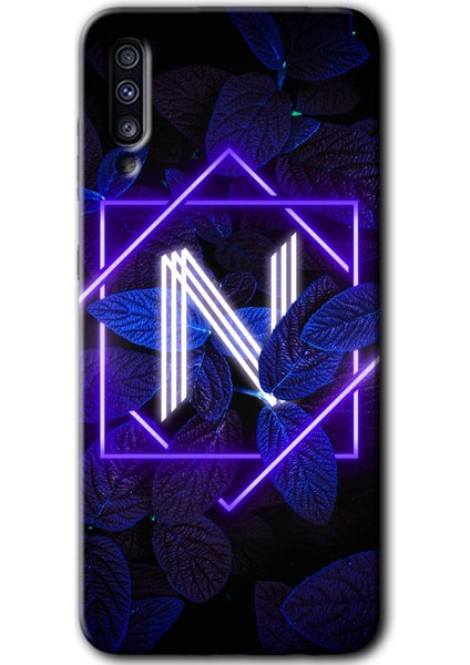 Samsung Galaxy A50 Kılıf Baskılı Kapak - Dark Neon Yaprak N Harfi +Tam Kaplayan Mat Seramik