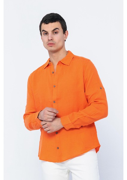 Erkek Regular Fit Keten Uzun Kollu ve Katlama Kollu Gömlek