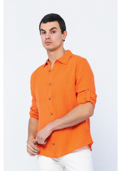 Erkek Regular Fit Keten Uzun Kollu ve Katlama Kollu Gömlek