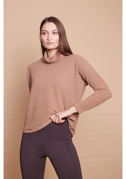 Degaje Yaka Uzun Kol Likralı Triko Bluz-Camel modelleri