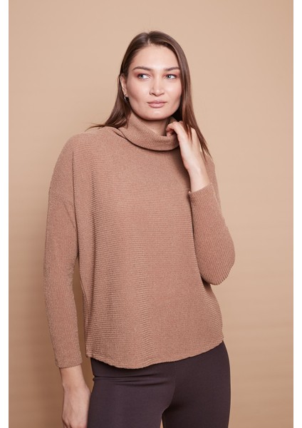 Degaje Yaka Uzun Kol Likralı Triko Bluz-Camel indirimleri