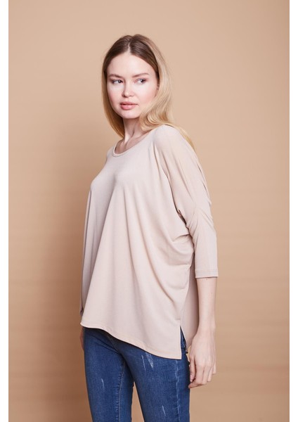 Likralı Krep Kumaş Geniş Sıfır Yaka Kapri Truvakar Kol Yanı Yırtmaçlı Salaş Oversize Bluz-Bej fırsatları