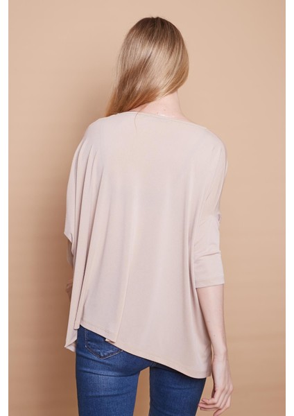 Likralı Krep Kumaş Geniş Sıfır Yaka Kapri Truvakar Kol Yanı Yırtmaçlı Salaş Oversize Bluz-Bej indirimleri