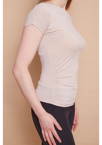 Likralı Krep Kumaş Kayık Yaka Düşük Omuzlu Şık Bluz-Bej indirimleri