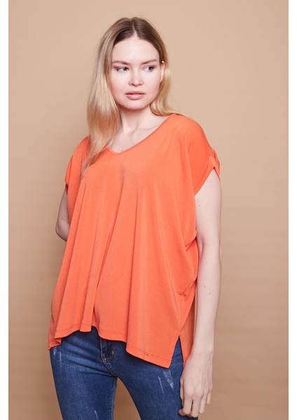 Likralı Krep Kumaş V Yaka Salaş Yanı Yırtmaçlı Oversize Bluz-Oranj