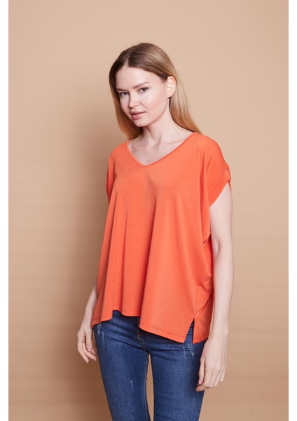 Likralı Krep Kumaş V Yaka Salaş Yanı Yırtmaçlı Oversize Bluz-Oranj fiyatları