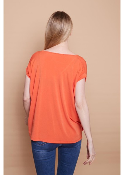 Likralı Krep Kumaş V Yaka Salaş Yanı Yırtmaçlı Oversize Bluz-Oranj modelleri