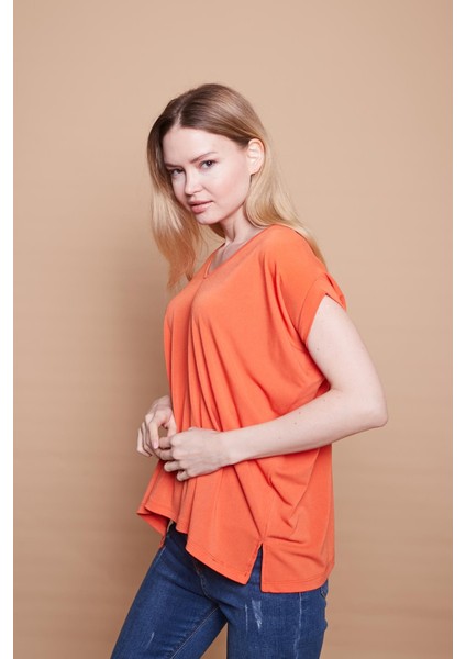 Likralı Krep Kumaş V Yaka Salaş Yanı Yırtmaçlı Oversize Bluz-Oranj fırsatları