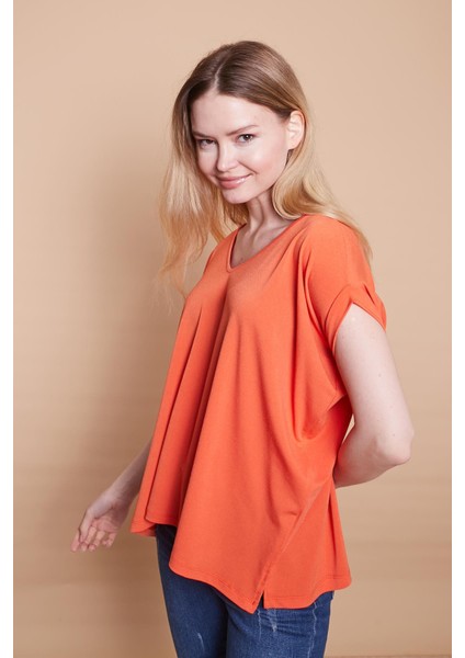 Likralı Krep Kumaş V Yaka Salaş Yanı Yırtmaçlı Oversize Bluz-Oranj indirimleri