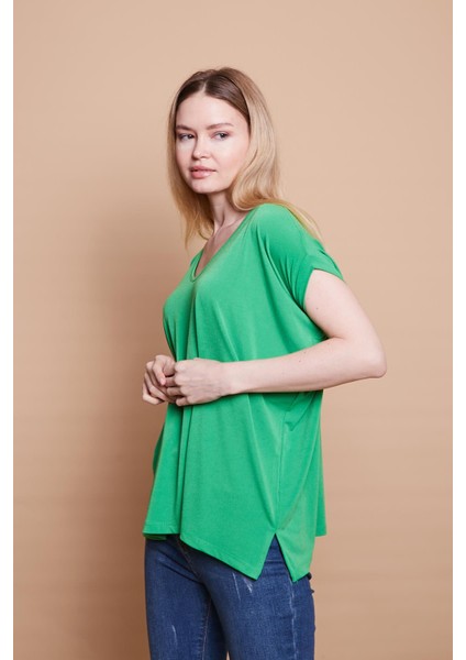 Likralı Krep Kumaş V Yaka Salaş Yanı Yırtmaçlı Oversize Bluz-B.yeşil10