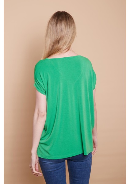 Likralı Krep Kumaş V Yaka Salaş Yanı Yırtmaçlı Oversize Bluz-B.yeşil10