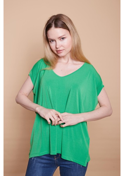 Likralı Krep Kumaş V Yaka Salaş Yanı Yırtmaçlı Oversize Bluz-B.yeşil10