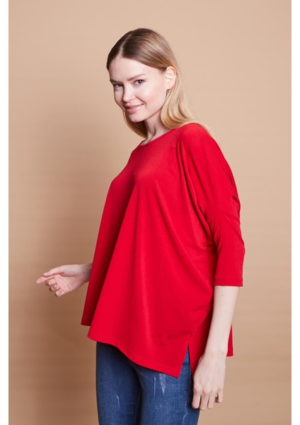 Likralı Krep Kumaş Geniş Sıfır Yaka Kapri Truvakar Kol Yanı Yırtmaçlı Salaş Oversize Bluz-Kırmızı10