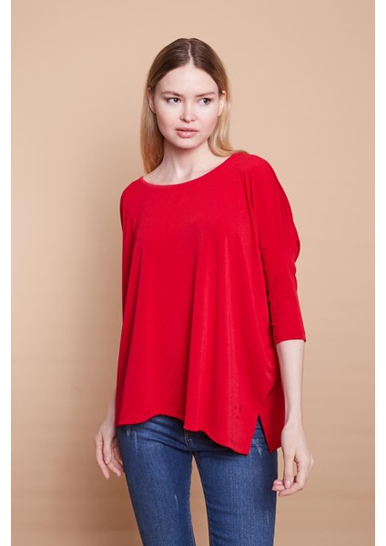 Likralı Krep Kumaş Geniş Sıfır Yaka Kapri Truvakar Kol Yanı Yırtmaçlı Salaş Oversize Bluz-Kırmızı10