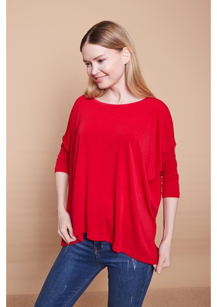 Likralı Krep Kumaş Geniş Sıfır Yaka Kapri Truvakar Kol Yanı Yırtmaçlı Salaş Oversize Bluz-Kırmızı10