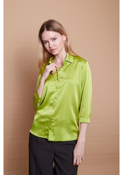 Saten Kumaş Yakalı Kapri Kol Şık Ofis Gömlek-Yağ Yeşili
