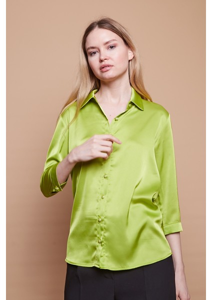 Saten Kumaş Yakalı Kapri Kol Şık Ofis Gömlek-Yağ Yeşili fiyatları