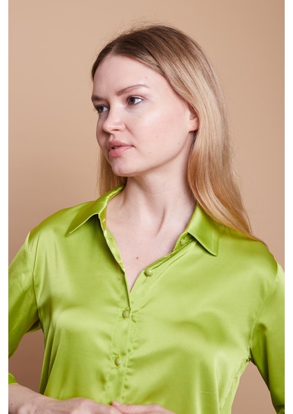 Saten Kumaş Yakalı Kapri Kol Şık Ofis Gömlek-Yağ Yeşili modelleri