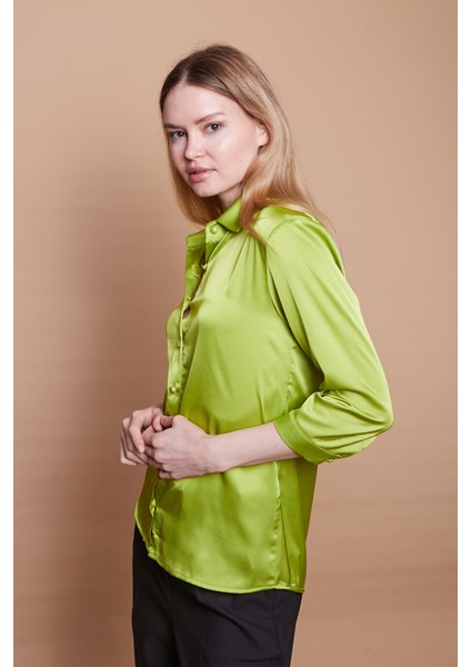 Saten Kumaş Yakalı Kapri Kol Şık Ofis Gömlek-Yağ Yeşili fırsatları