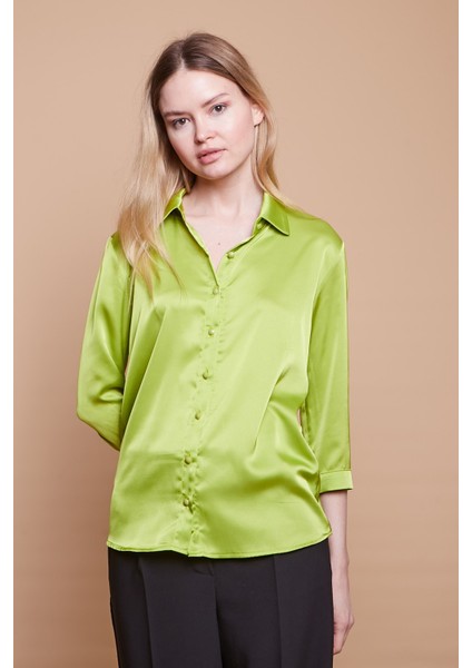Saten Kumaş Yakalı Kapri Kol Şık Ofis Gömlek-Yağ Yeşili indirimleri
