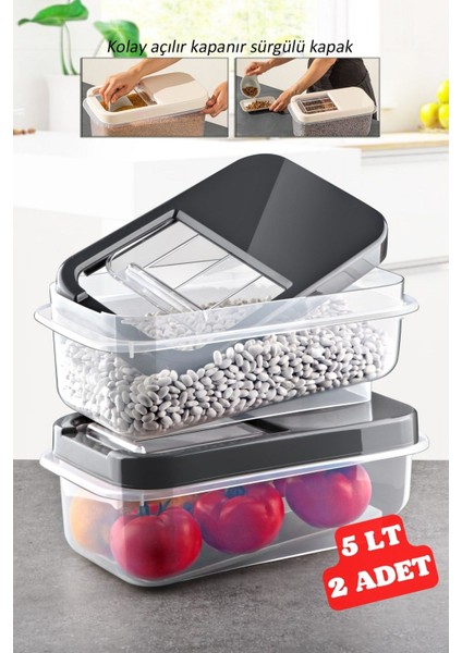 2 Adet 5 Lt Kolay Kayar Kapaklı Multibox Erzak Bakliyat Vs. Saklama Kabı Antrasit